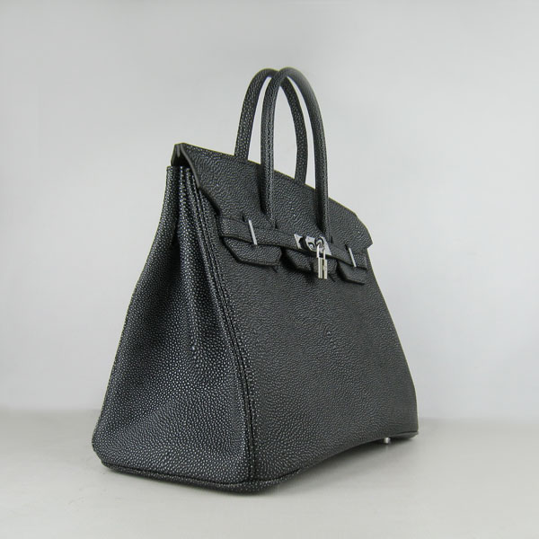 High Quality Fake Hermes Birkin 35CM Pearl Veins Leather Bag Black 6089